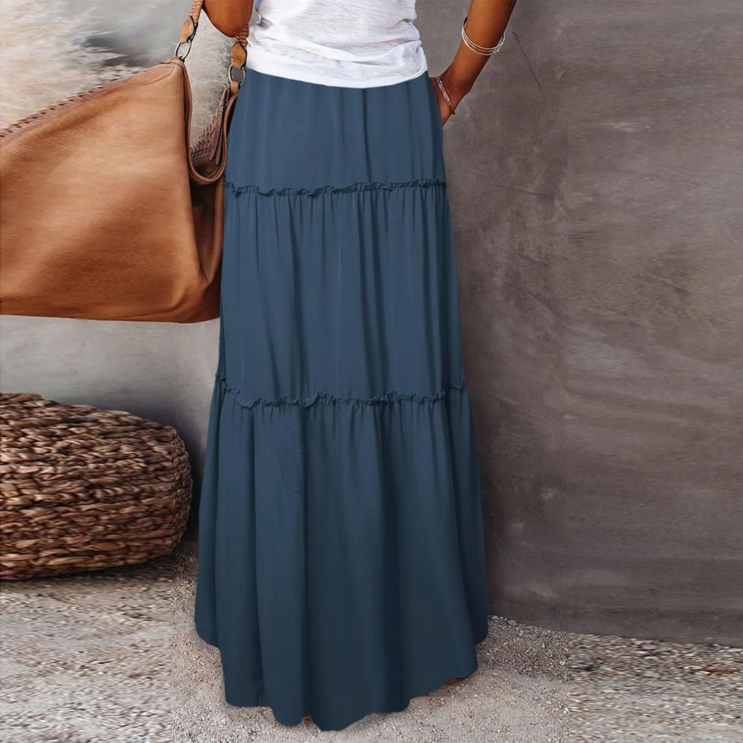 Summer Skirt for Women 2025 Maxi Skirt Drawstring Elastic Smocked Tiered A Line Vacation Long Beach Skirts with Pockets
