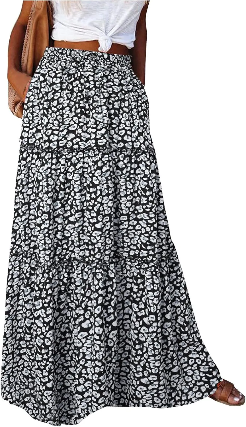 Summer Skirt for Women 2025 Maxi Skirt Drawstring Elastic Smocked Tiered A Line Vacation Long Beach Skirts with Pockets