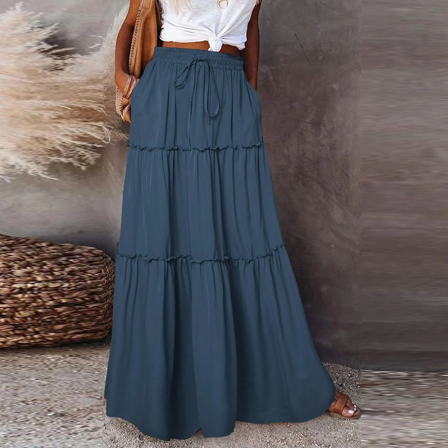 Summer Skirt for Women 2025 Maxi Skirt Drawstring Elastic Smocked Tiered A Line Vacation Long Beach Skirts with Pockets