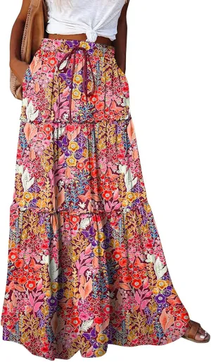 Summer Skirt for Women 2025 Maxi Skirt Drawstring Elastic Smocked Tiered A Line Vacation Long Beach Skirts with Pockets
