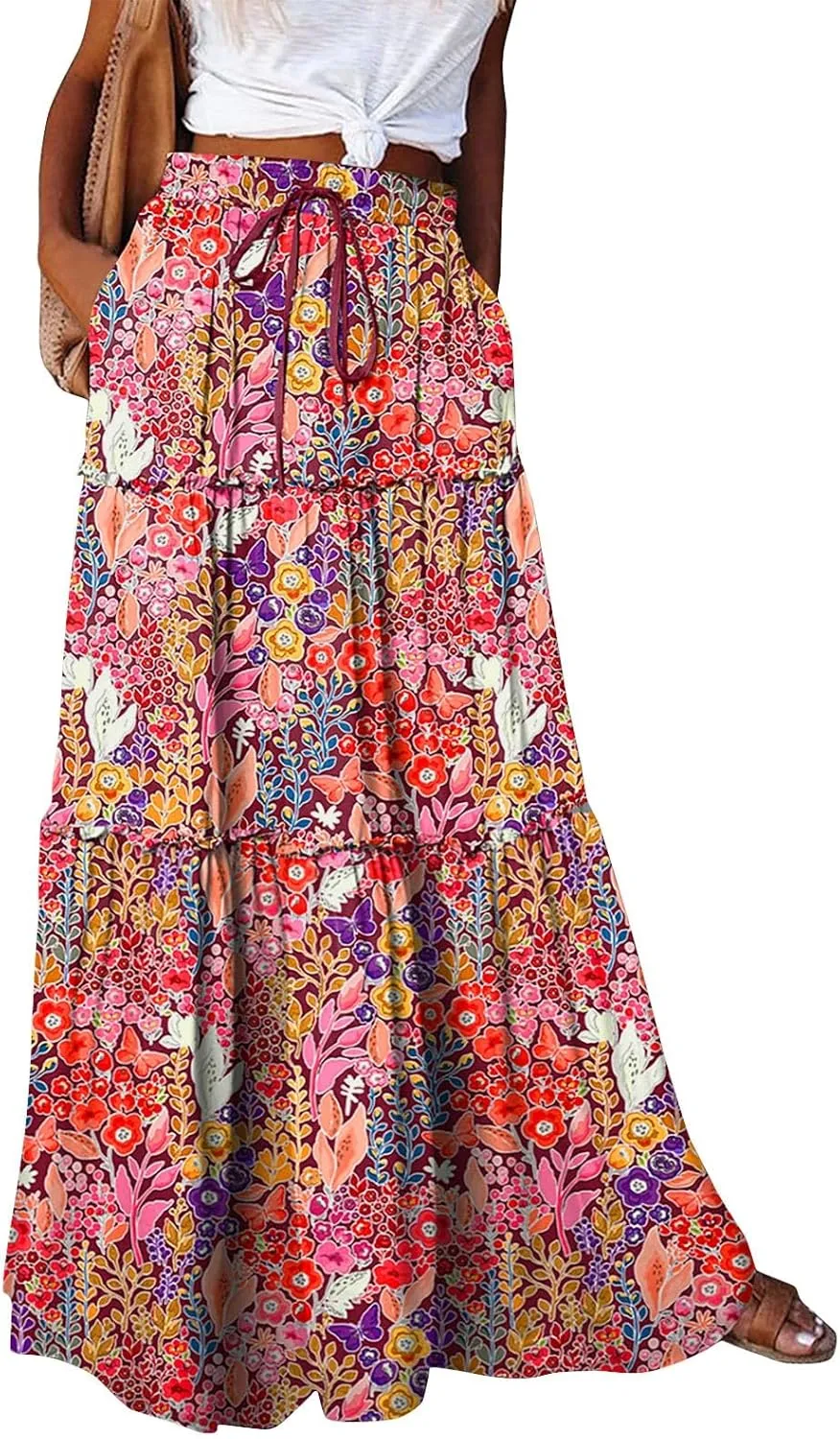 Summer Skirt for Women 2025 Maxi Skirt Drawstring Elastic Smocked Tiered A Line Vacation Long Beach Skirts with Pockets