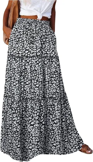 Summer Skirt for Women 2025 Maxi Skirt Drawstring Elastic Smocked Tiered A Line Vacation Long Beach Skirts with Pockets