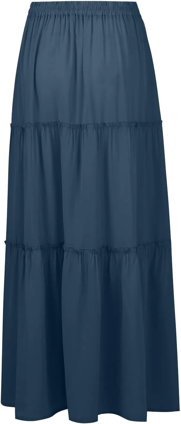 Summer Skirt for Women 2025 Maxi Skirt Drawstring Elastic Smocked Tiered A Line Vacation Long Beach Skirts with Pockets