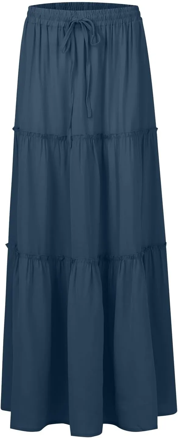 Summer Skirt for Women 2025 Maxi Skirt Drawstring Elastic Smocked Tiered A Line Vacation Long Beach Skirts with Pockets