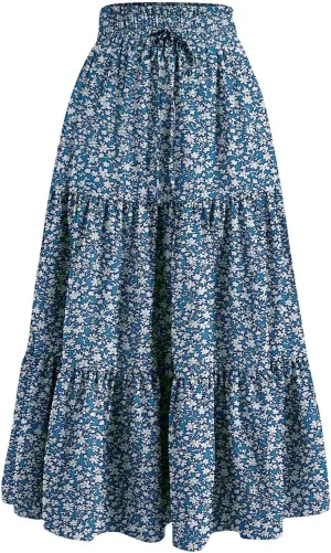 Summer Skirts for Women 2025 Elastic High Waisted Maxi Skirt A Line Floral Skirts Tiered Tie Front Ruffle Hem Skorts