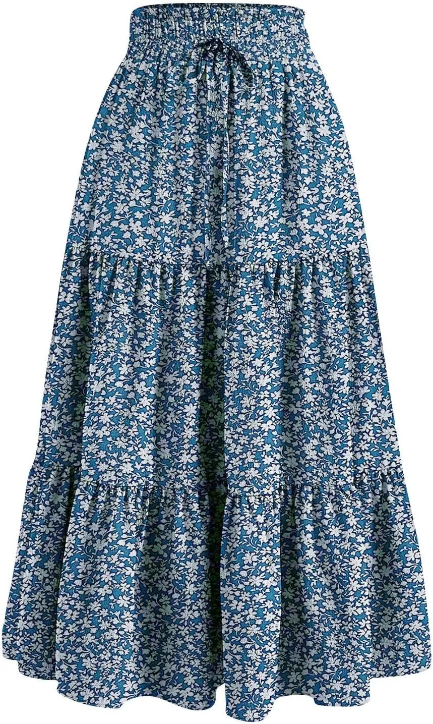Summer Skirts for Women 2025 Elastic High Waisted Maxi Skirt A Line Floral Skirts Tiered Tie Front Ruffle Hem Skorts