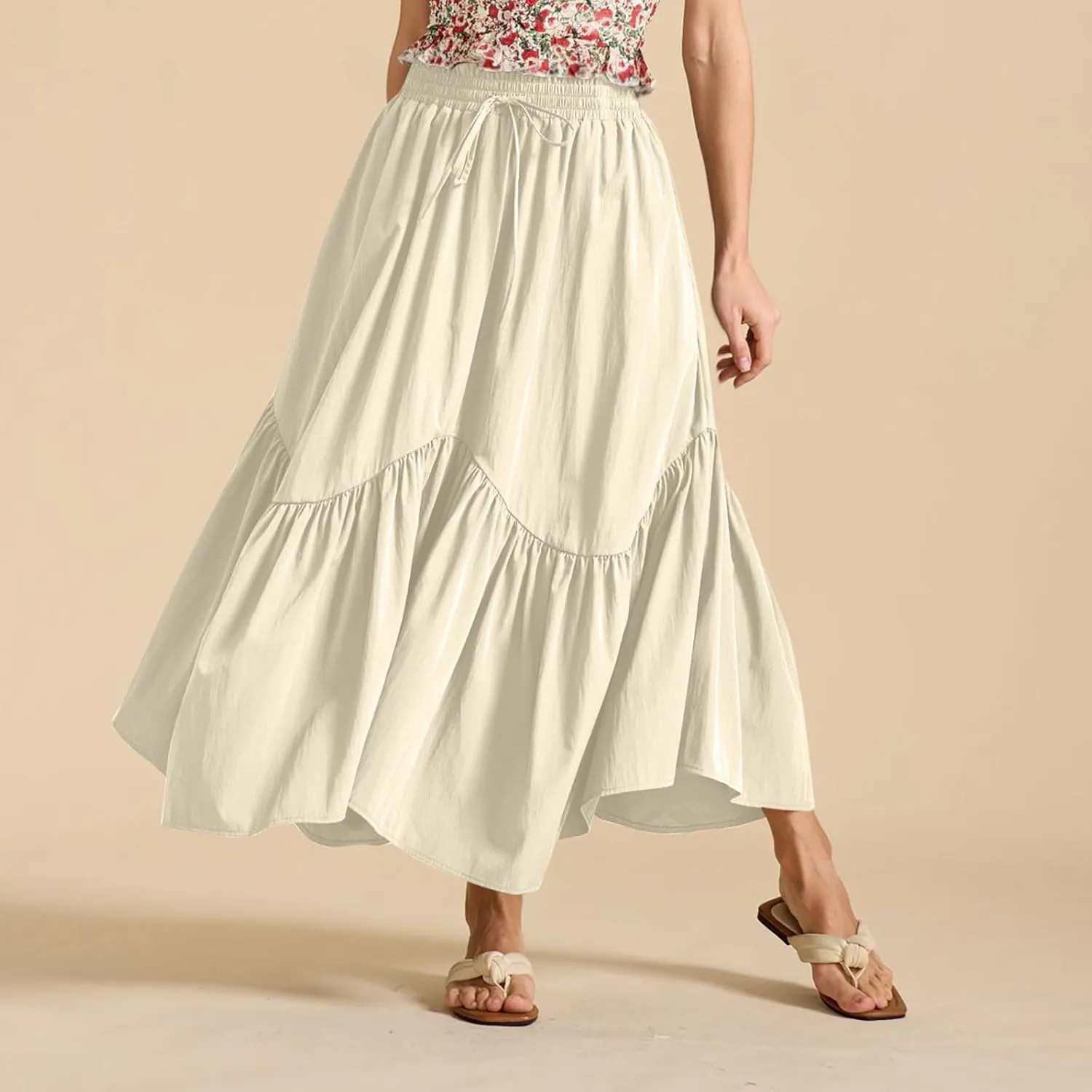 Summer Skirts for Women Asymmetrical Hem Pleated A-Line Dress Elastic Waist Drawstring Flowy Vacation Beach Maxi Skirt