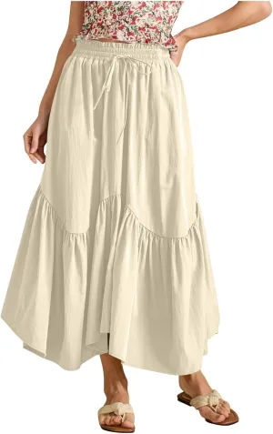 Summer Skirts for Women Asymmetrical Hem Pleated A-Line Dress Elastic Waist Drawstring Flowy Vacation Beach Maxi Skirt