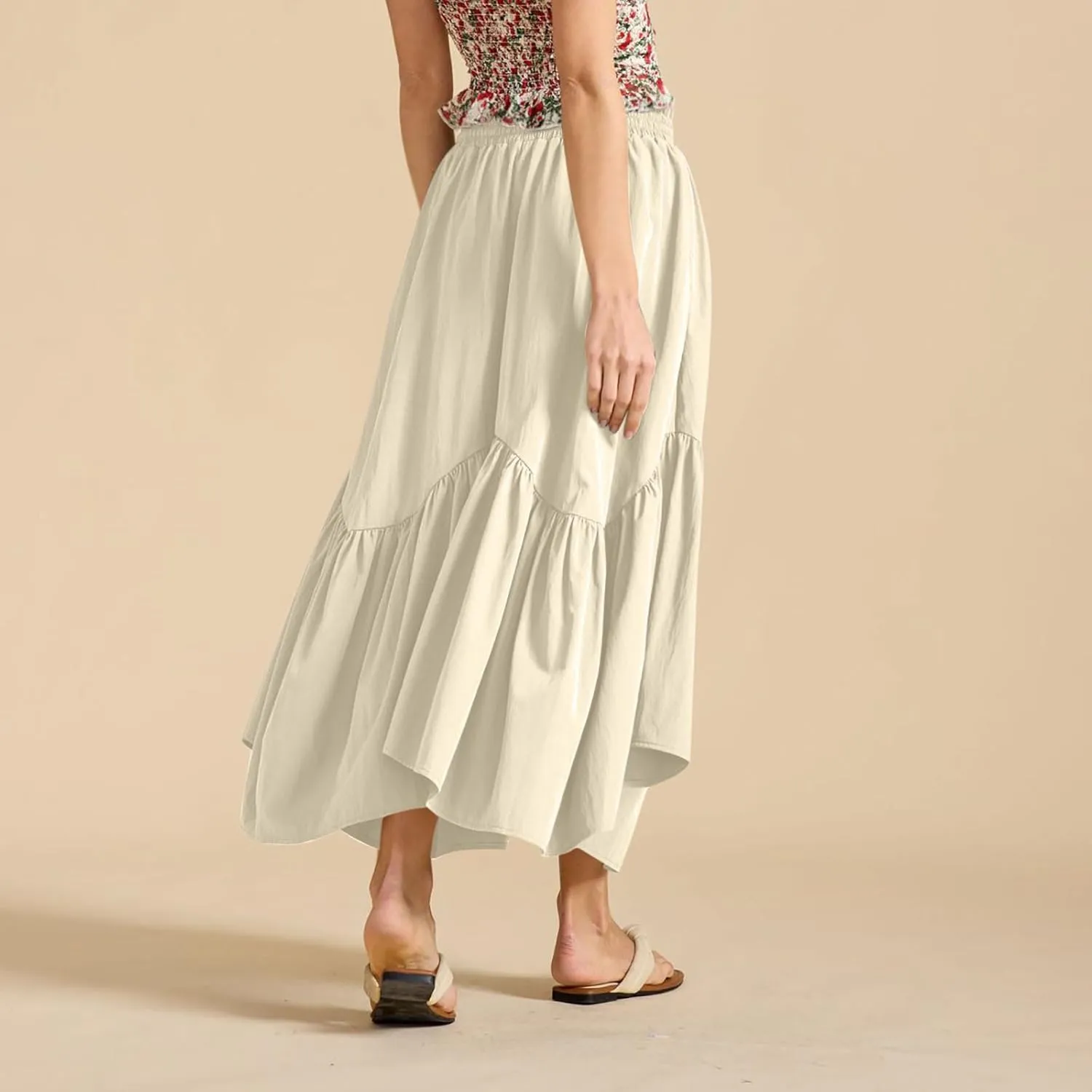 Summer Skirts for Women Asymmetrical Hem Pleated A-Line Dress Elastic Waist Drawstring Flowy Vacation Beach Maxi Skirt