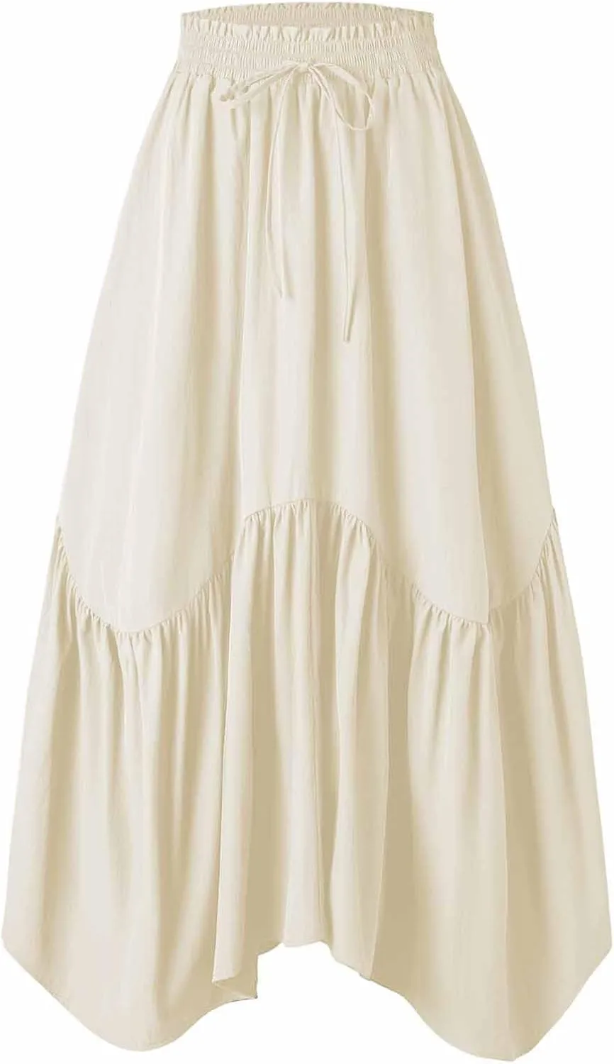 Summer Skirts for Women Asymmetrical Hem Pleated A-Line Dress Elastic Waist Drawstring Flowy Vacation Beach Maxi Skirt