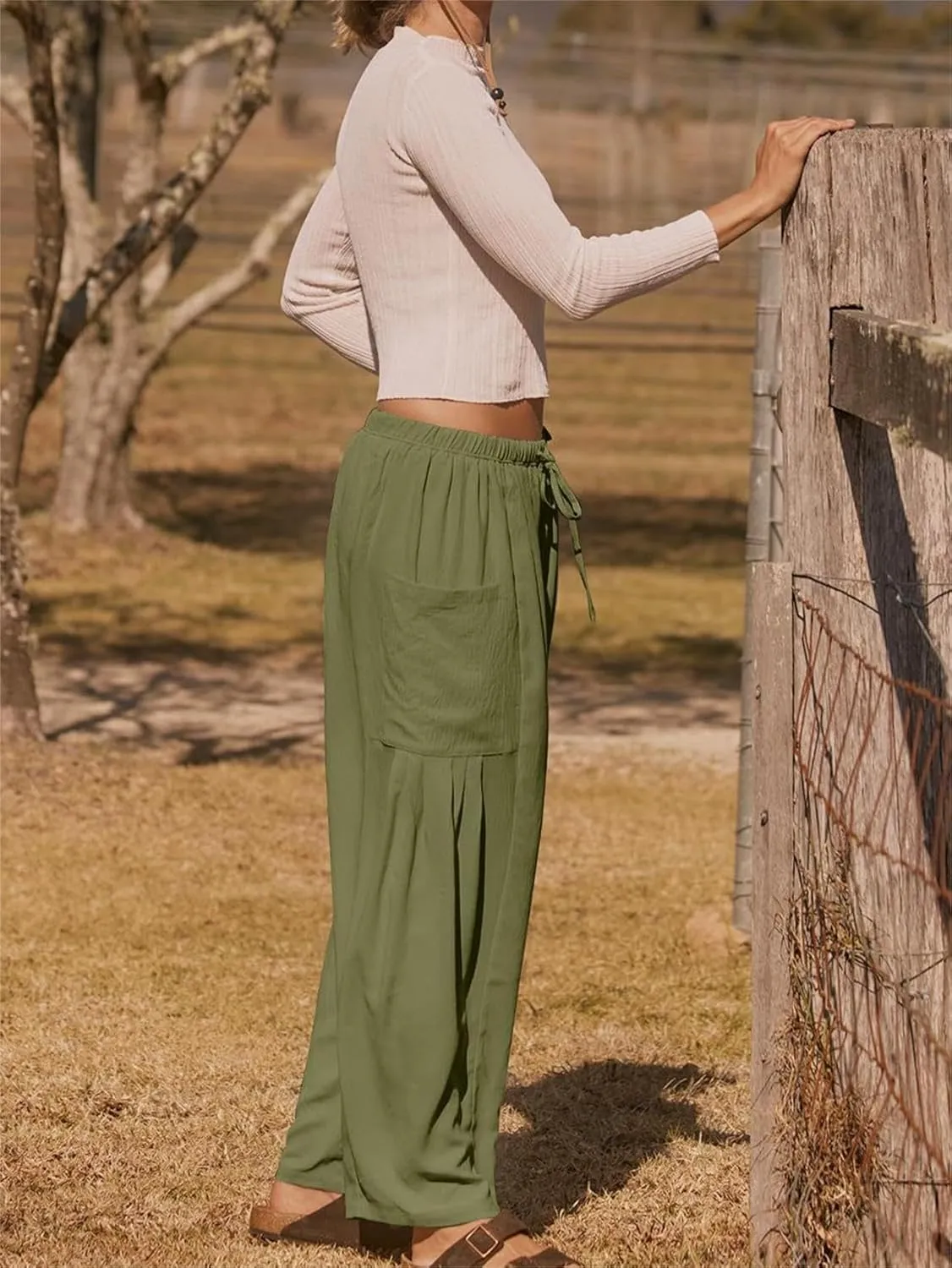 Summer Womens Capri Pants Loose Boho Wide Leg Cropped Pants Casual High Waist Drawstring Palazzo Pant with Pockets