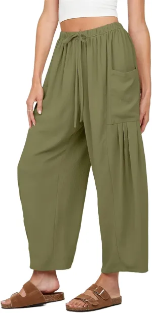 Summer Womens Capri Pants Loose Boho Wide Leg Cropped Pants Casual High Waist Drawstring Palazzo Pant with Pockets