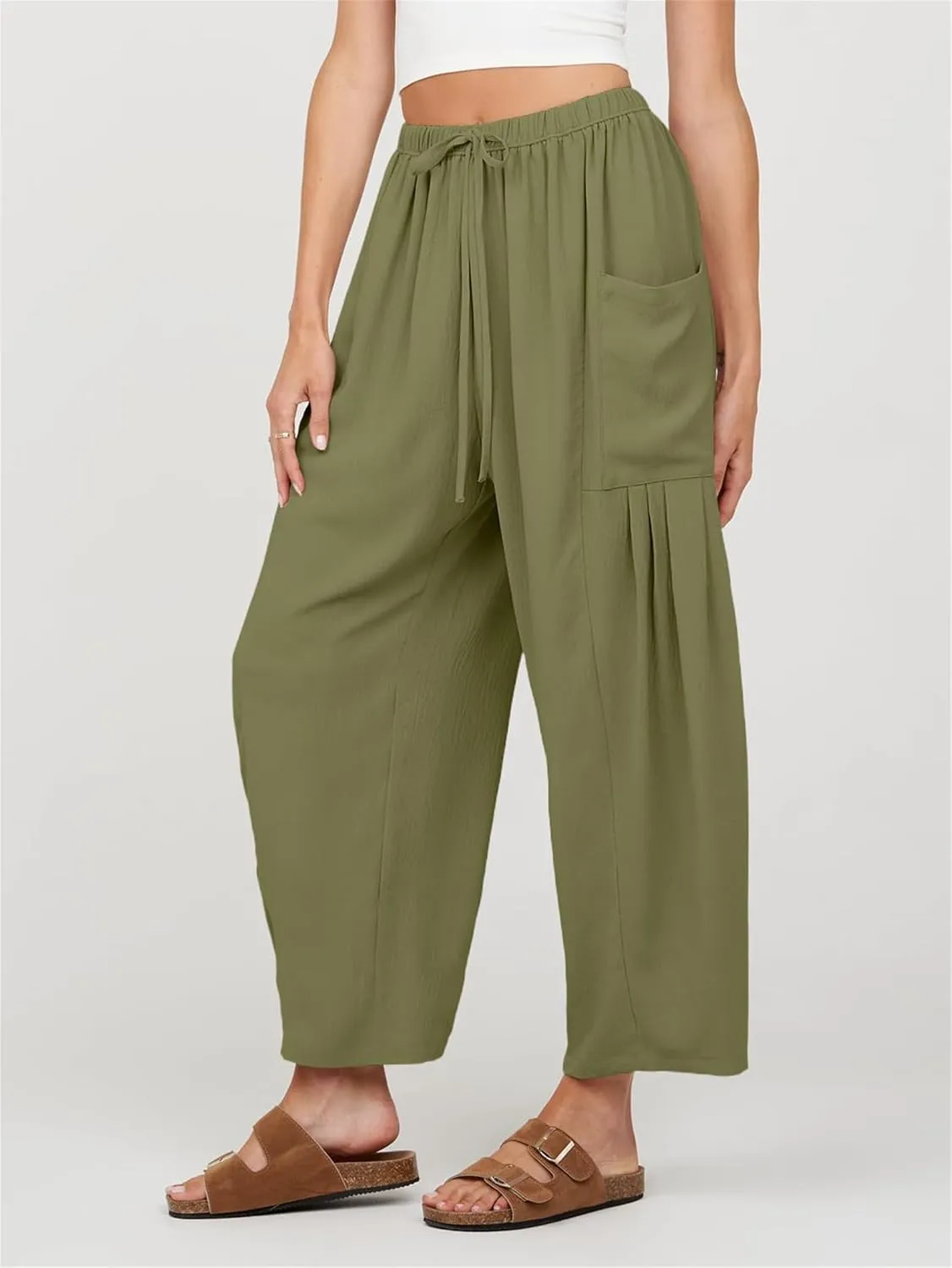 Summer Womens Capri Pants Loose Boho Wide Leg Cropped Pants Casual High Waist Drawstring Palazzo Pant with Pockets