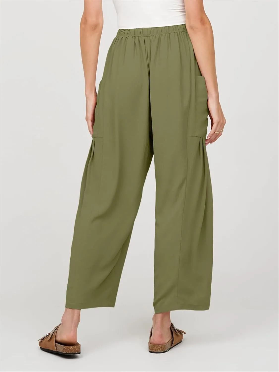 Summer Womens Capri Pants Loose Boho Wide Leg Cropped Pants Casual High Waist Drawstring Palazzo Pant with Pockets