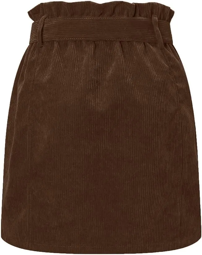 Susupeng Women Paperbag High Waist Elastic Belted Corduroy Button Front with Pockets Short Mini Skirt