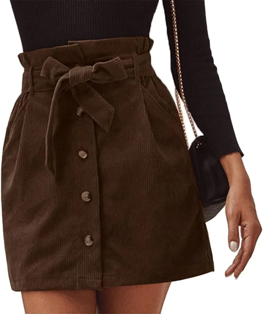 Susupeng Women Paperbag High Waist Elastic Belted Corduroy Button Front with Pockets Short Mini Skirt