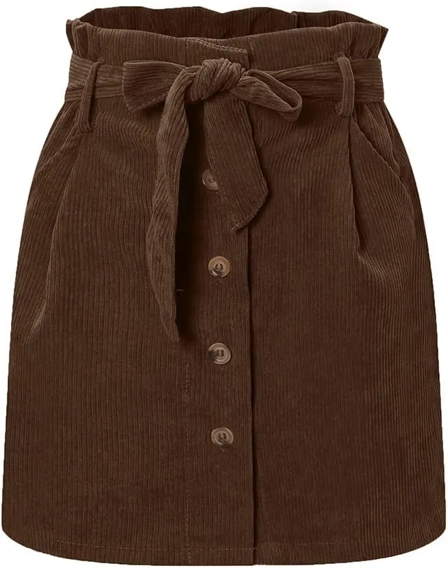 Susupeng Women Paperbag High Waist Elastic Belted Corduroy Button Front with Pockets Short Mini Skirt