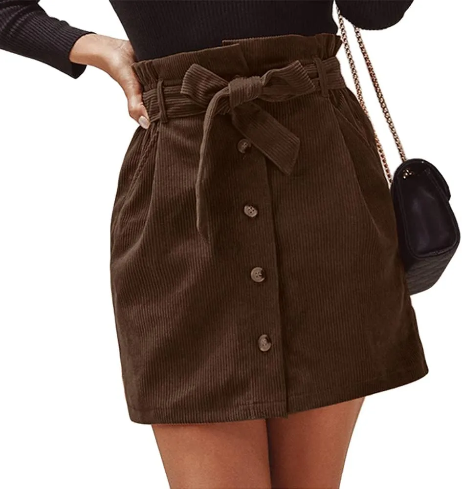 Susupeng Women Paperbag High Waist Elastic Belted Corduroy Button Front with Pockets Short Mini Skirt