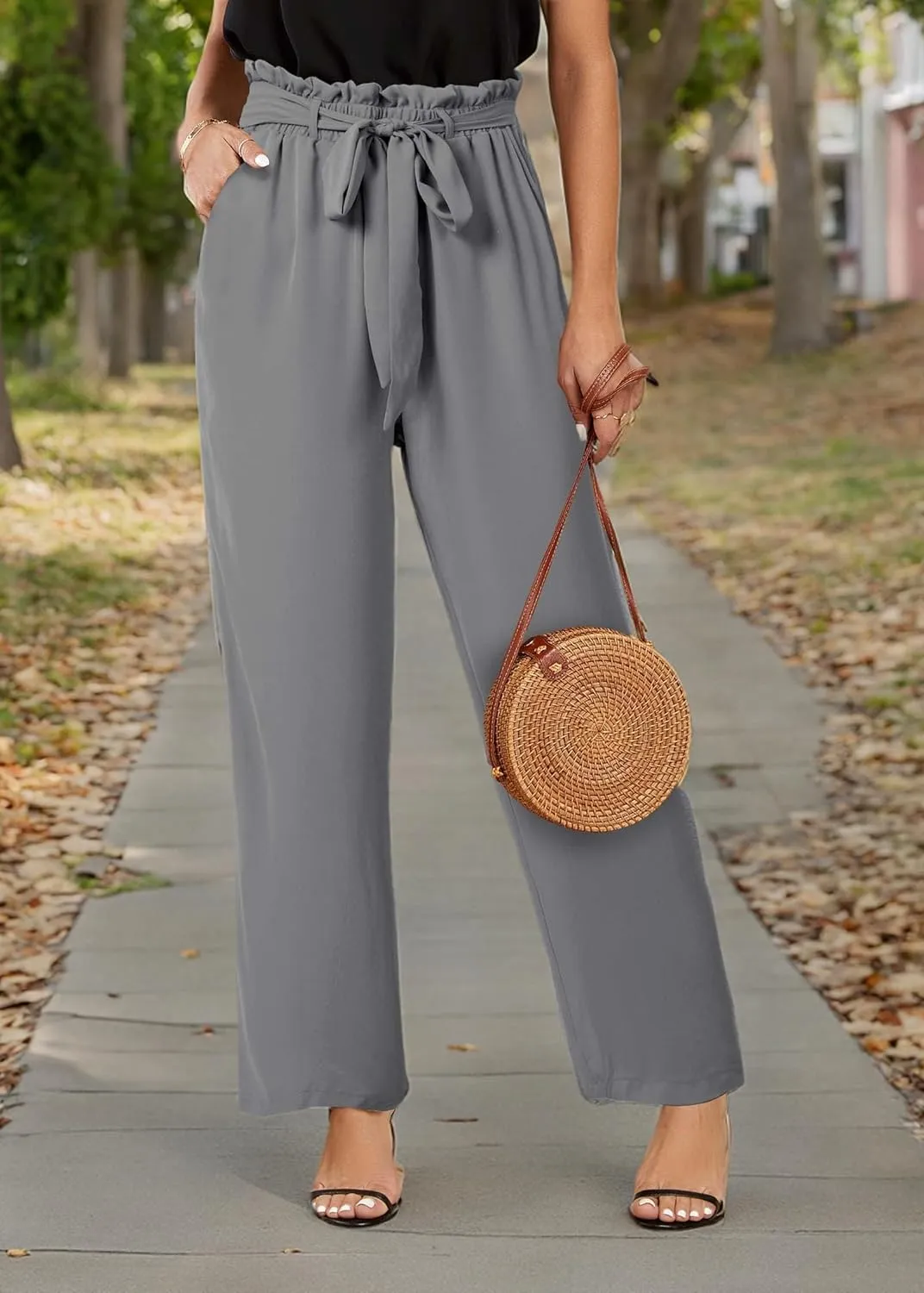 SySea Womens High Waisted Leopard Print Palazzo Pants Belted Wide Leg Long Trousers with Pockets