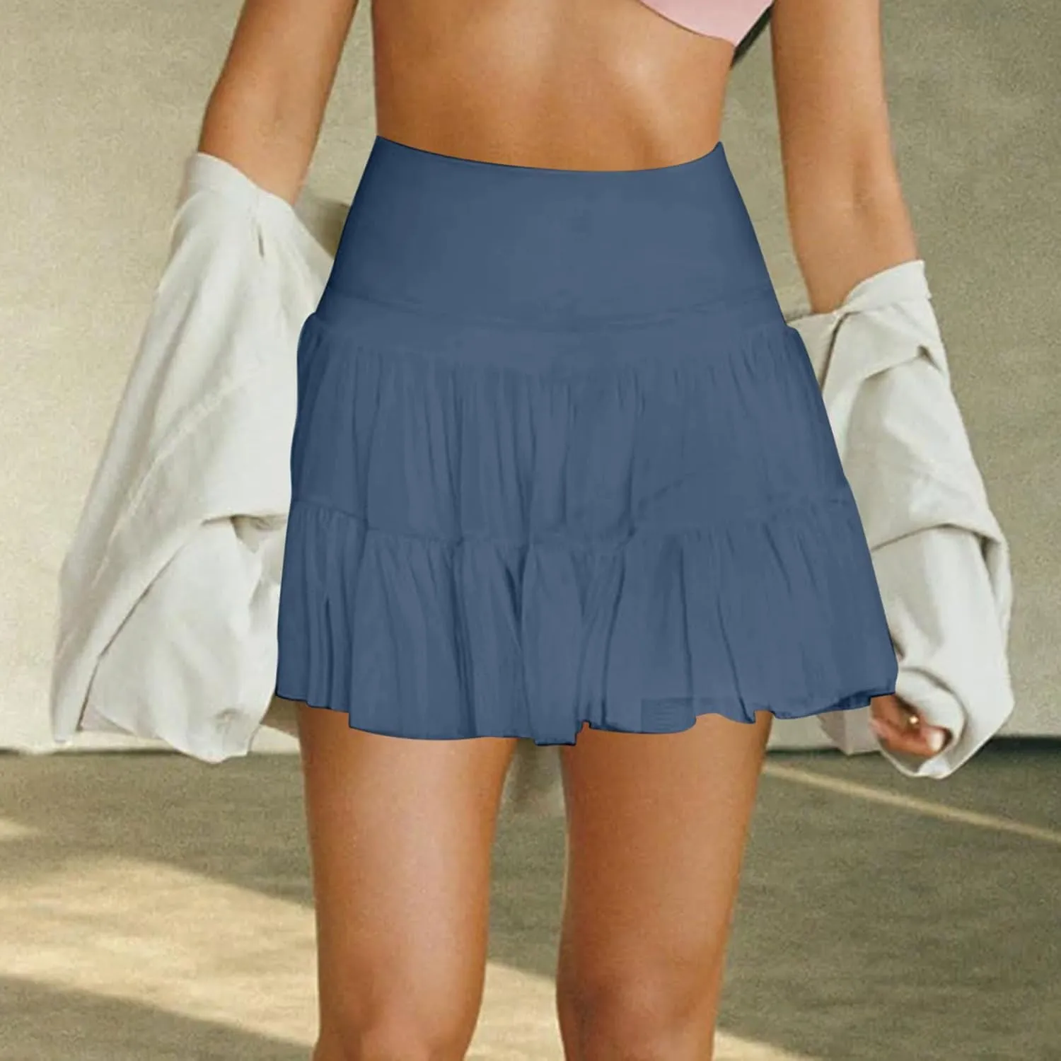 Tennis Skirts for Women Solid Elastic Waisted Tiered Smocked Ruffle Skirt Summer Casual Vacation Beach Short Skirt