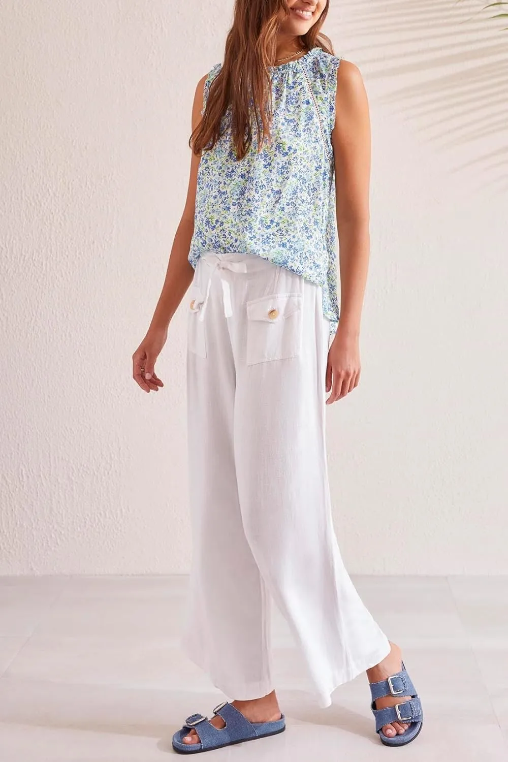 Tribal Women's Paperbag Pull on Wide Crop Pants W/Pkts & Drawcord
