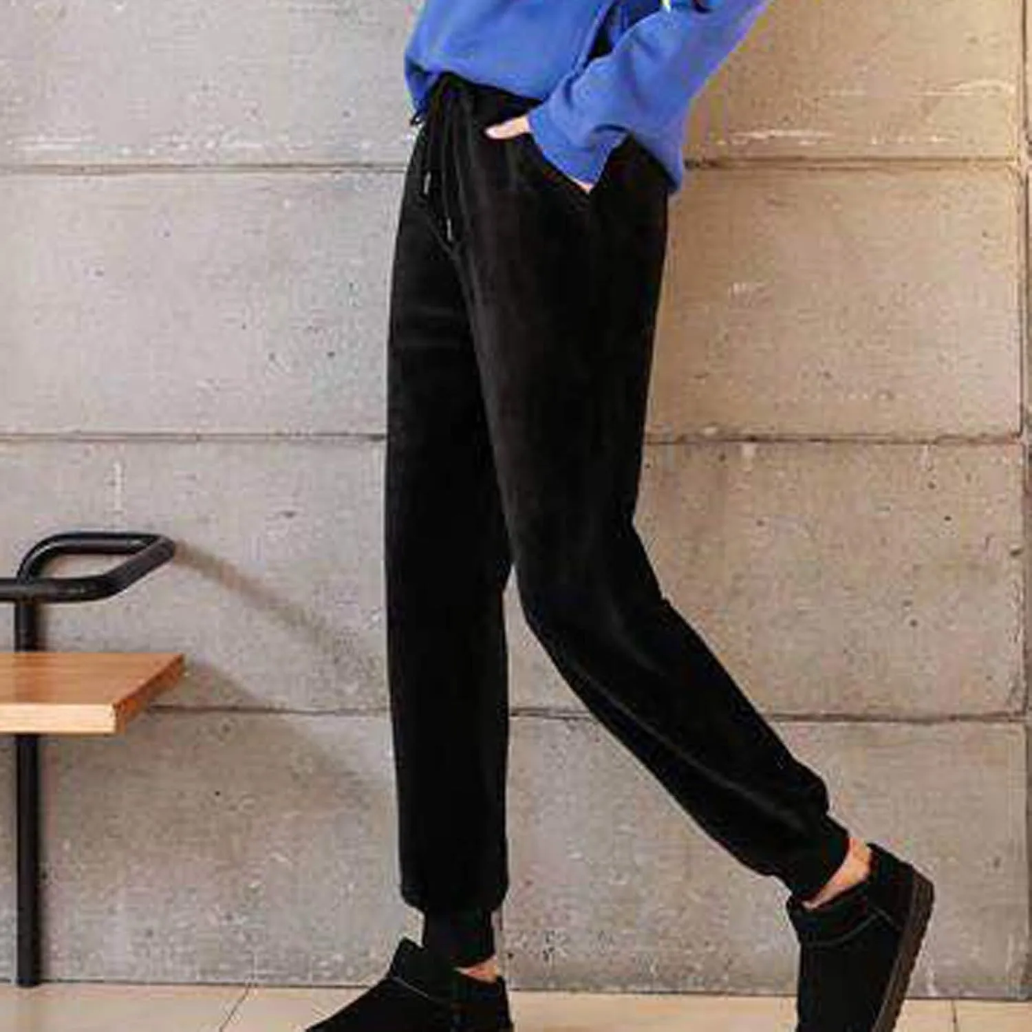 Velvet Velour Pants for Women Fall Winter Warm Elastic Drawstring Wide Straight Leg Trousers Soft Thermal Baggy Pant