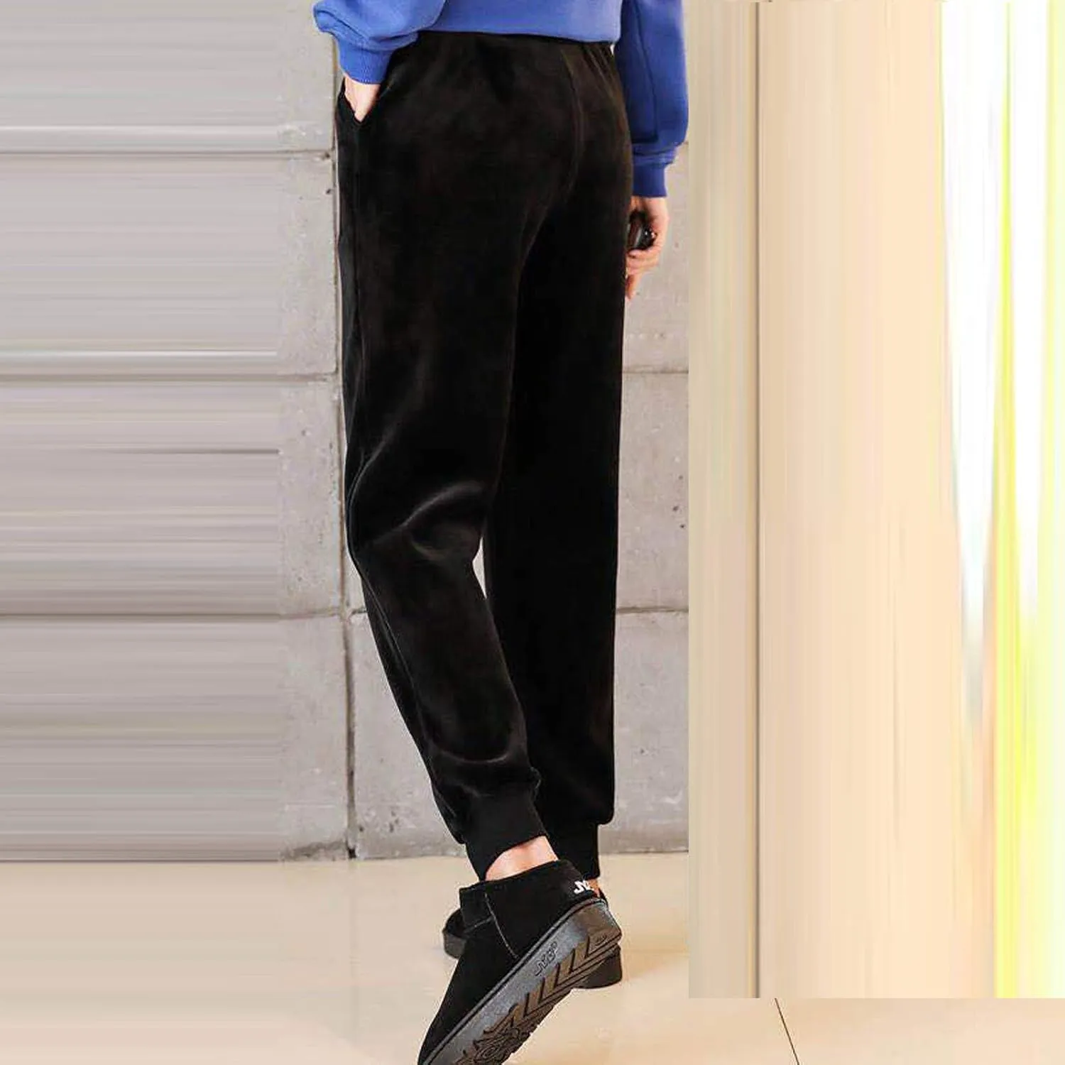 Velvet Velour Pants for Women Fall Winter Warm Elastic Drawstring Wide Straight Leg Trousers Soft Thermal Baggy Pant