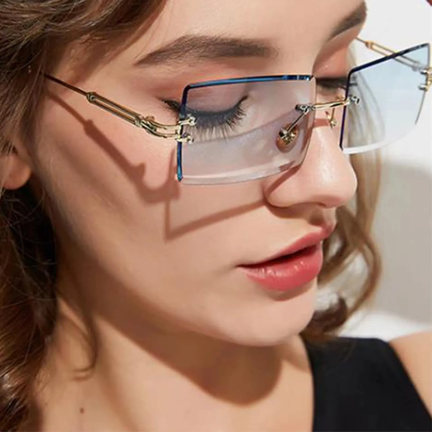 VIA LEECA Rimless Rectangle Sunglasses for Women Men Tinted Frameless Square Glasses Vintage Transparent Eyewear