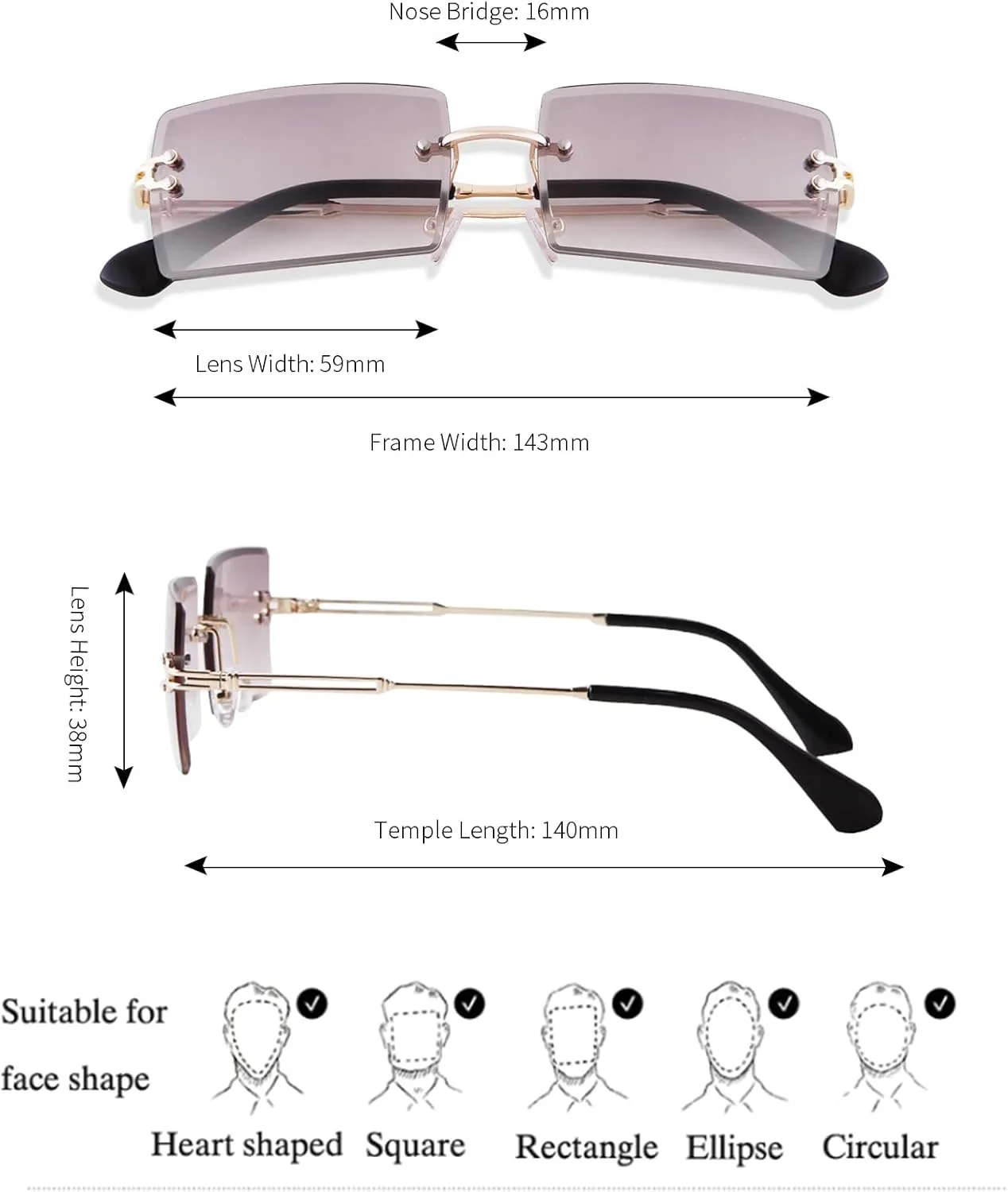 VIA LEECA Rimless Rectangle Sunglasses for Women Men Tinted Frameless Square Glasses Vintage Transparent Eyewear