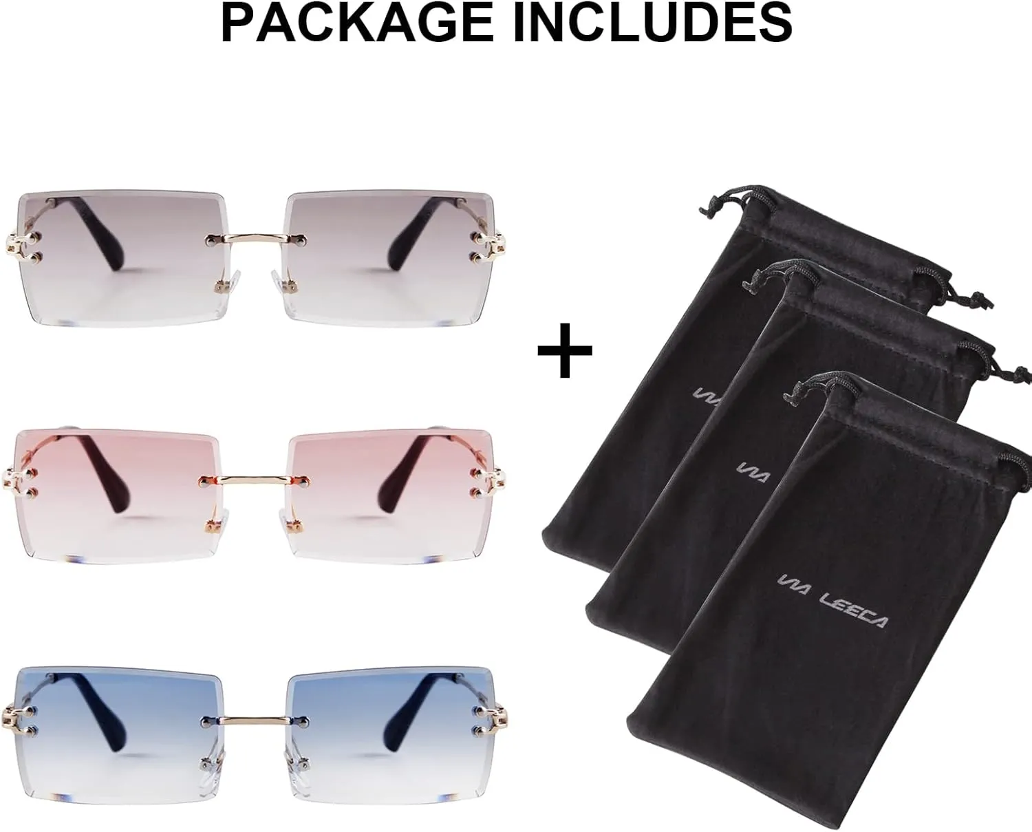 VIA LEECA Rimless Rectangle Sunglasses for Women Men Tinted Frameless Square Glasses Vintage Transparent Eyewear