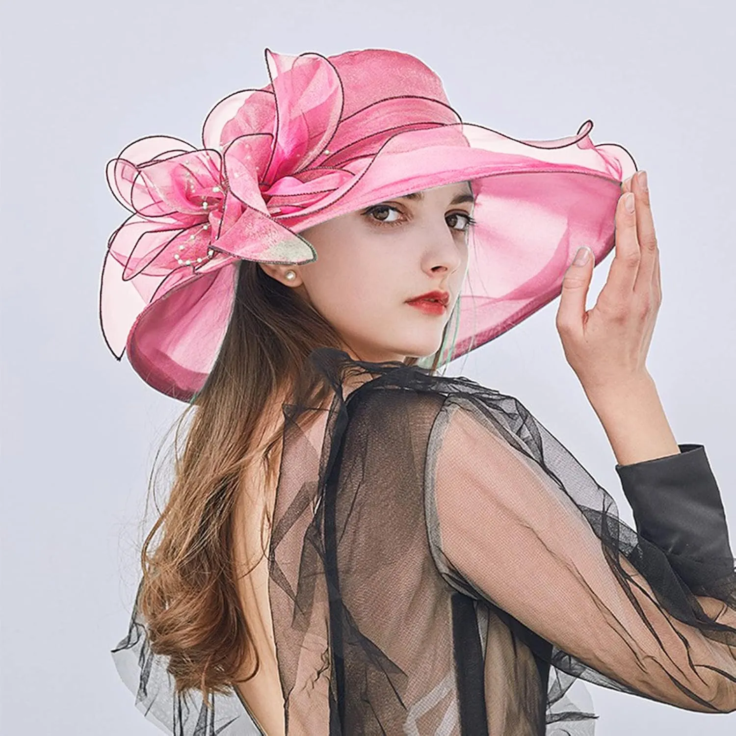 Wide Brim Organza Hat Dress Hat for Women Lady Tea Party Kentuck𝚢-Derby Church Wedding Cap Tea Hat