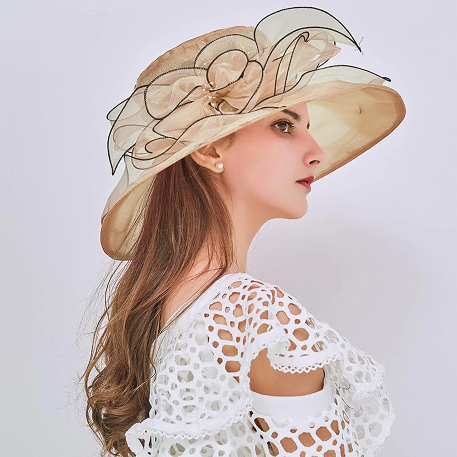 Wide Brim Organza Hat Dress Hat for Women Lady Tea Party Kentuck𝚢-Derby Church Wedding Cap Tea Hat