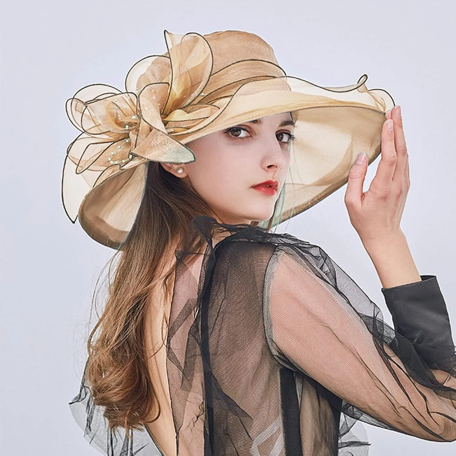 Wide Brim Organza Hat Dress Hat for Women Lady Tea Party Kentuck𝚢-Derby Church Wedding Cap Tea Hat