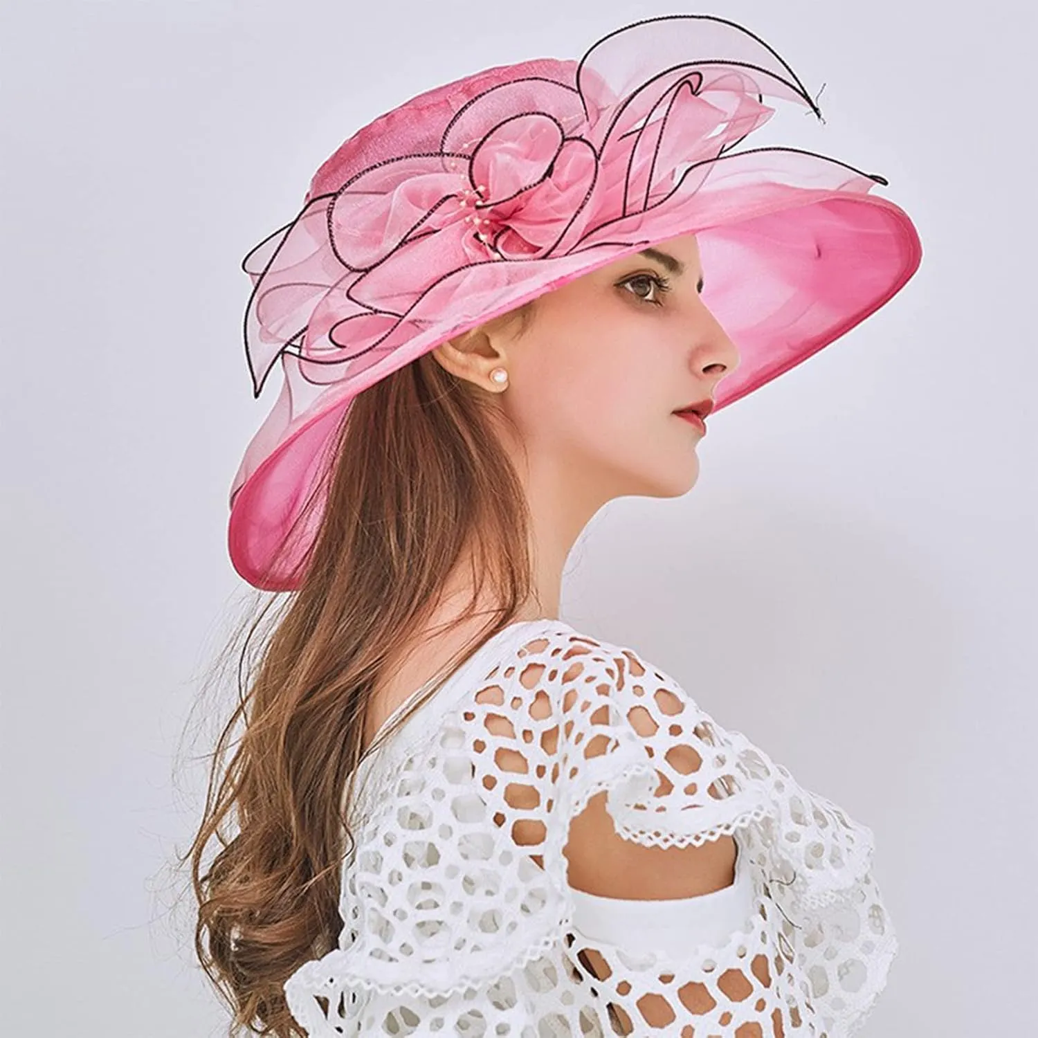 Wide Brim Organza Hat Dress Hat for Women Lady Tea Party Kentuck𝚢-Derby Church Wedding Cap Tea Hat