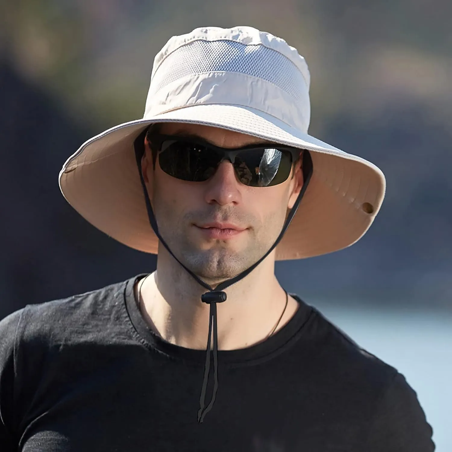 Wide Brim Sun Hat with Neck Strap Upf50  Hiking Fishing Hat for Men Women Sun Protective Beach Hat
