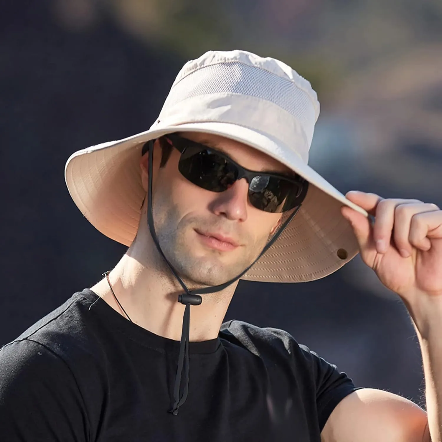 Wide Brim Sun Hat with Neck Strap Upf50  Hiking Fishing Hat for Men Women Sun Protective Beach Hat