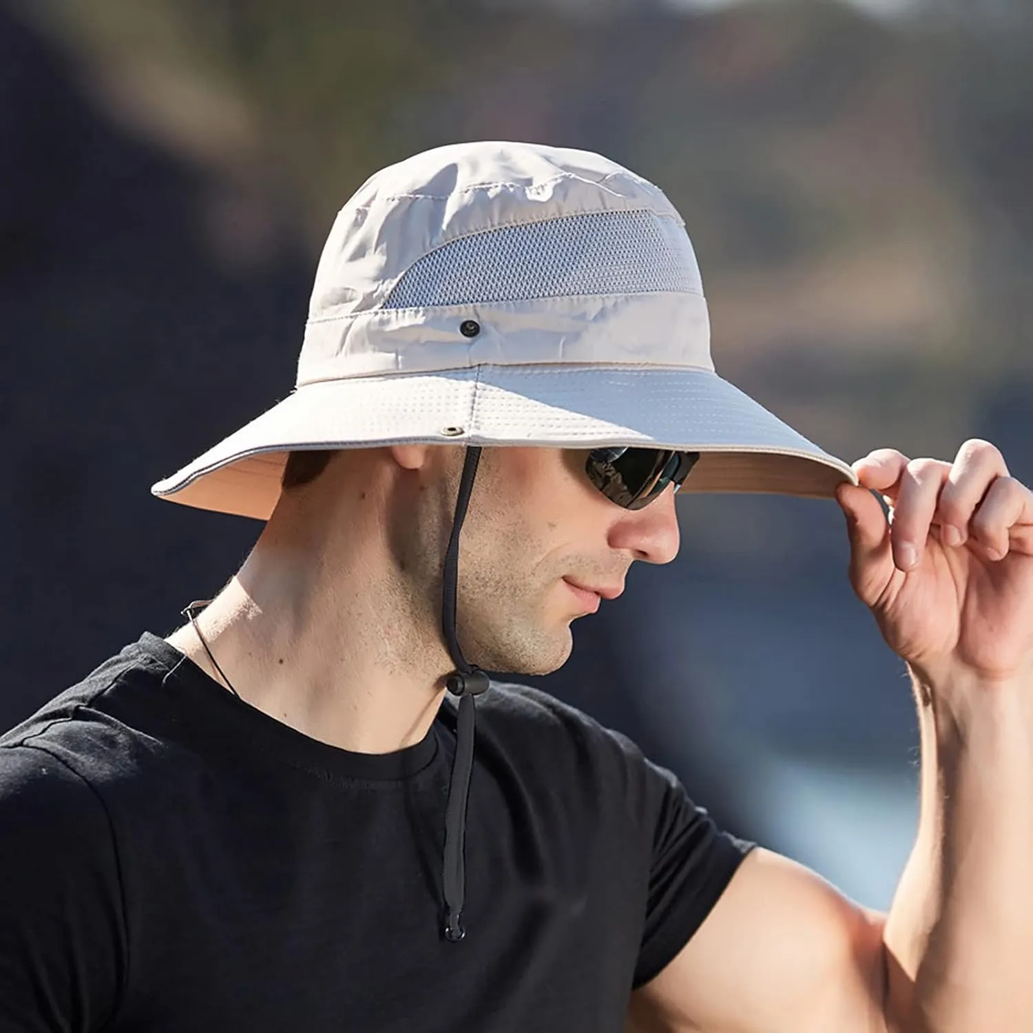 Wide Brim Sun Hat with Neck Strap Upf50  Hiking Fishing Hat for Men Women Sun Protective Beach Hat