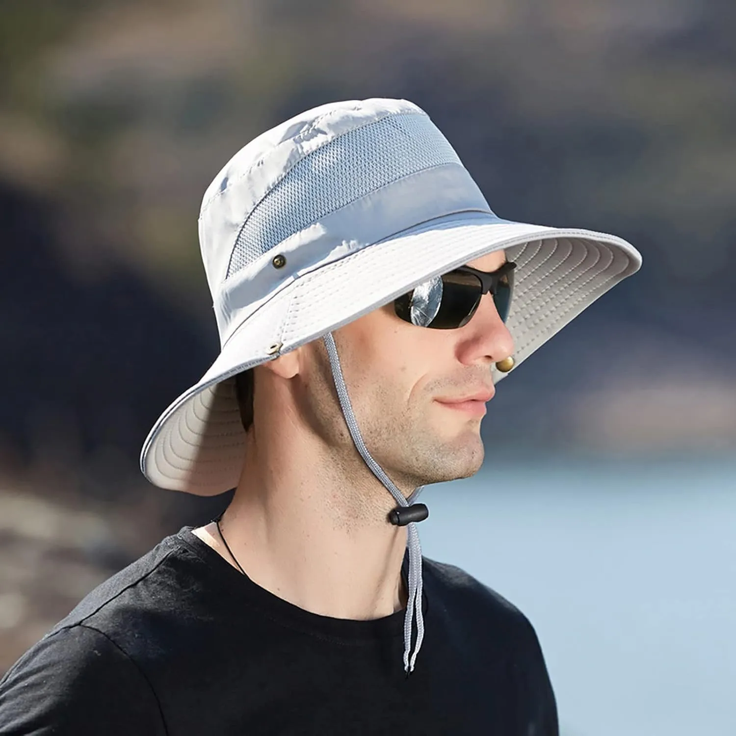 Wide Brim Sun Hat with Neck Strap Upf50  Hiking Fishing Hat for Men Women Sun Protective Beach Hat
