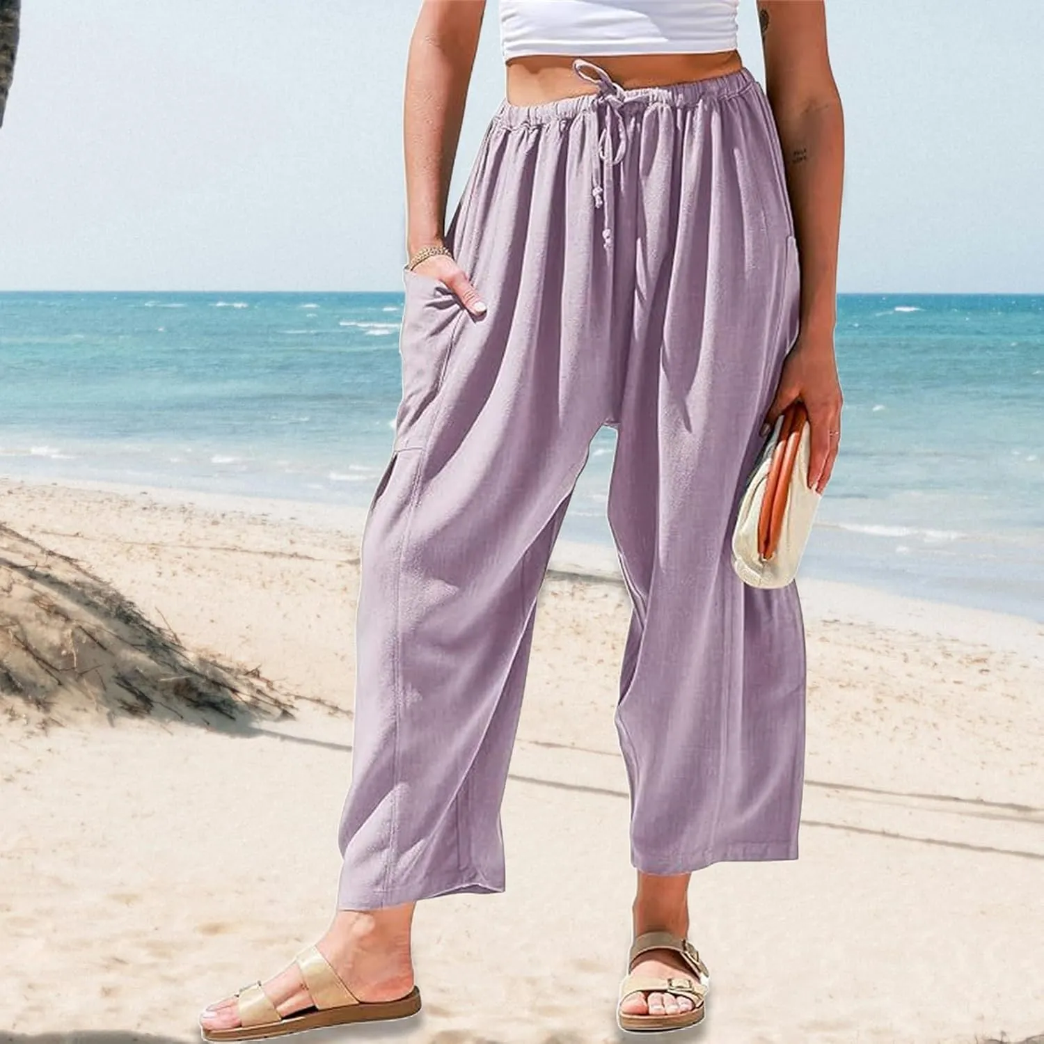 Wide Leg Capri Pant for Women Fashion High Waisted Pants Loose Palazzo Pant Drawstring Workout Sweatpants with Pockets