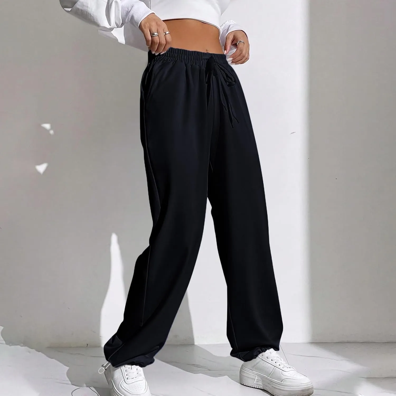 Wide Leg Jogging Pants Women High Waisted Drawstring Pants Soft Comfortable Pants Solid Color Sweatpants for Sports