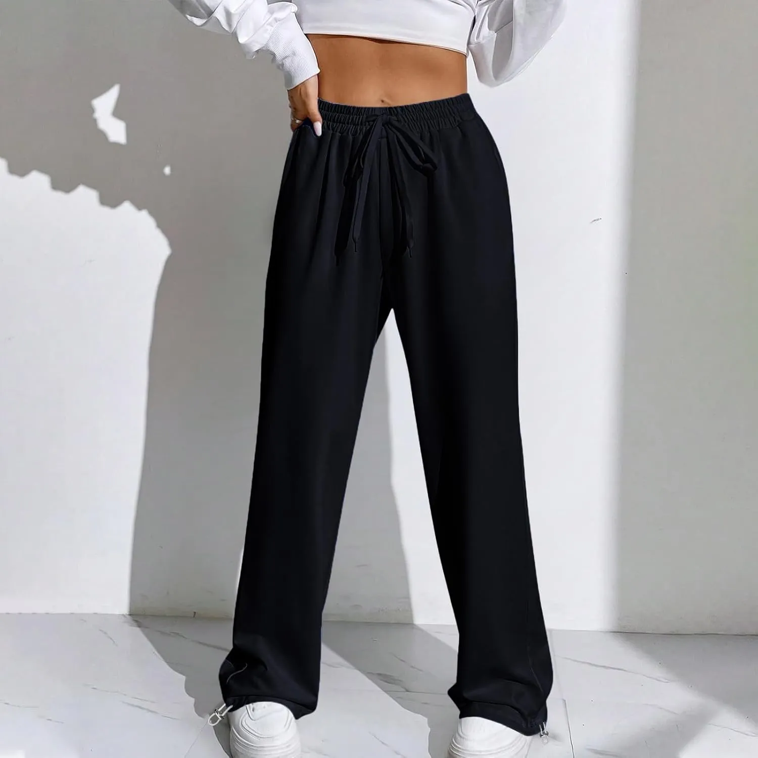 Wide Leg Jogging Pants Women High Waisted Drawstring Pants Soft Comfortable Pants Solid Color Sweatpants for Sports