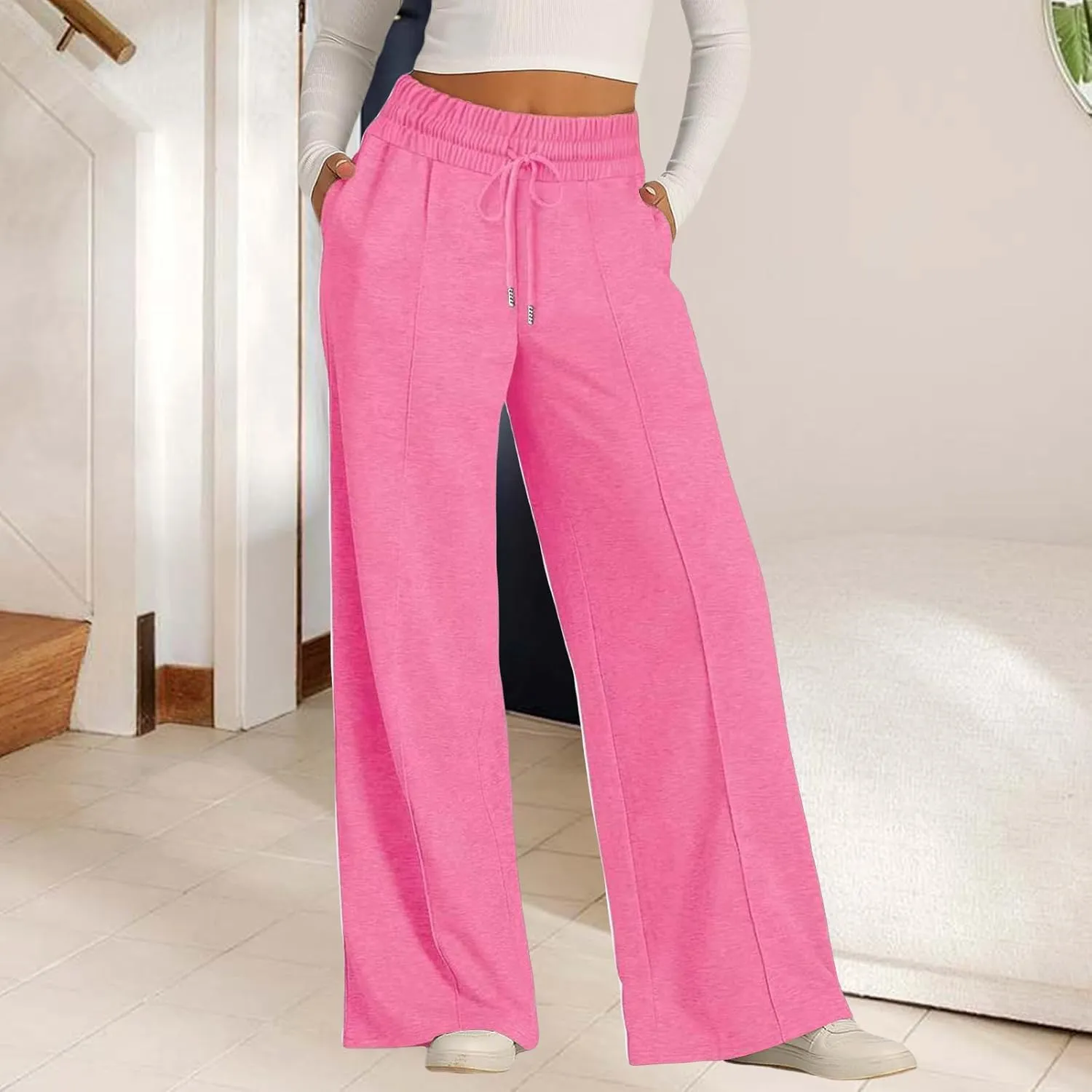Wide Leg Sweatpants Women Elastic Drawstring Straight Leg Lounge Pants Casual Comfy Athletic Flare Joggers Trousers