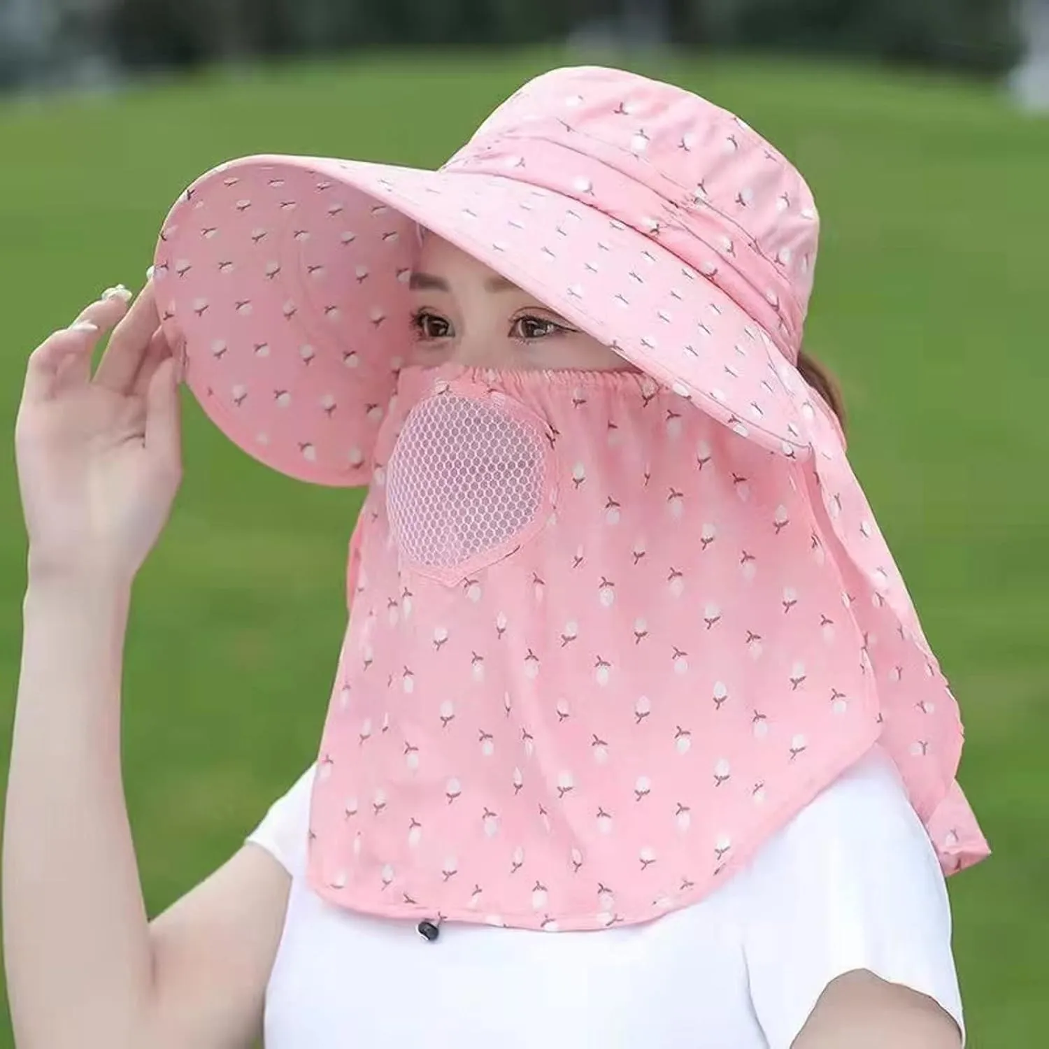Women Adjustable Print Sun Hats Wide Brim Shawls Breathable Sunscreen Sun Hats Outdoor Riding Ponytail Visors Cap
