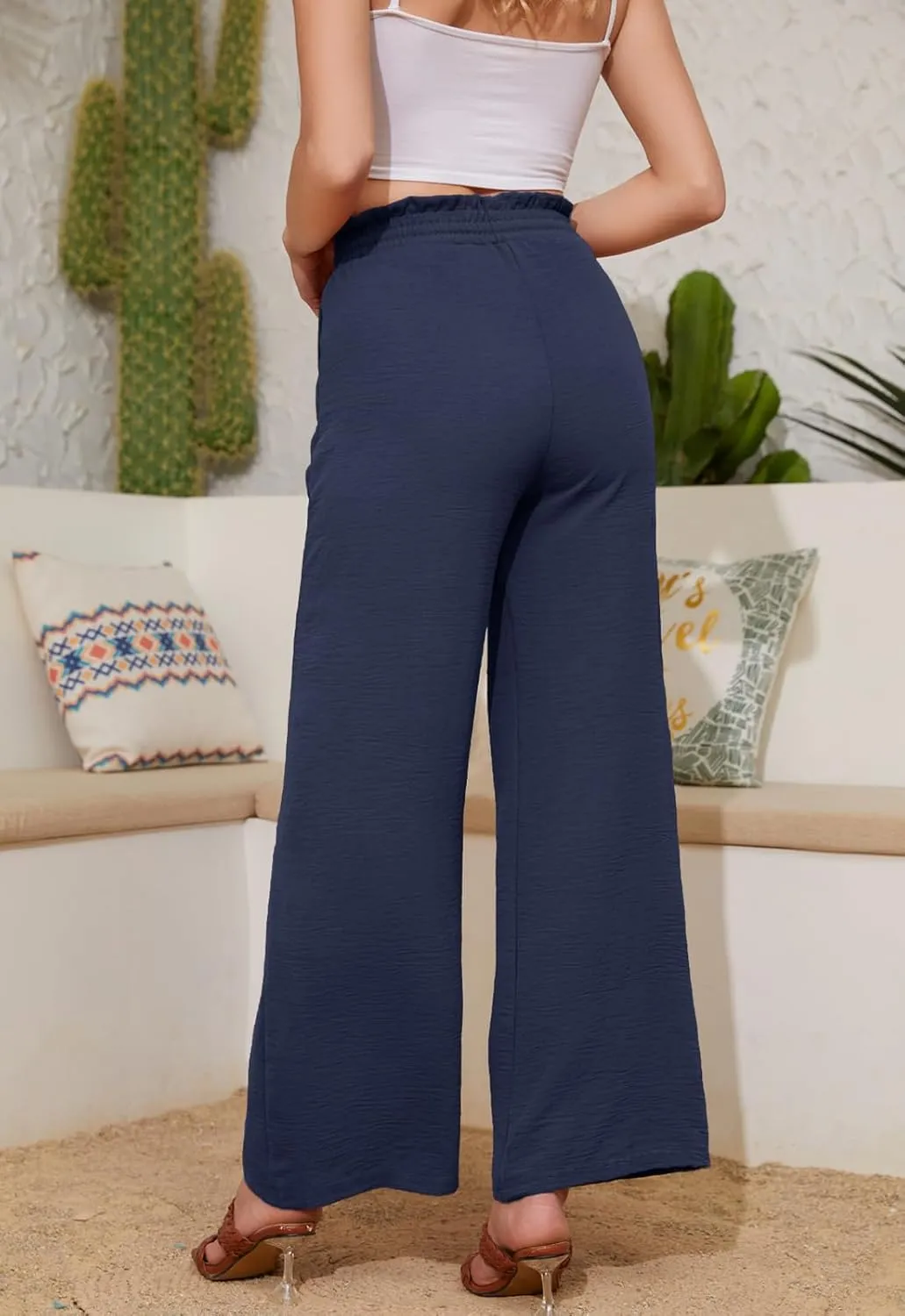 Women Casual Wide Leg Pants Womens Linen Pants Drawstring Waist Flowy Pants Summer Beach Pants with Pockets