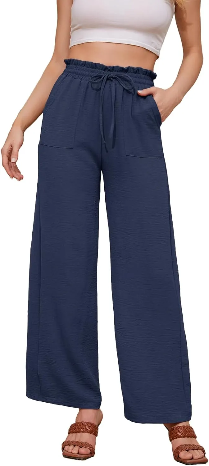 Women Casual Wide Leg Pants Womens Linen Pants Drawstring Waist Flowy Pants Summer Beach Pants with Pockets