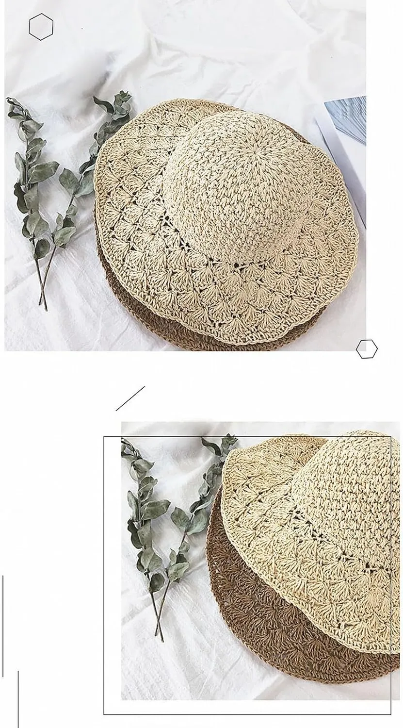 Women Crochet Bucket Hat Straw Hats for Women Straw Panama Hat Foldable Beach Sun Hat Sun Protective