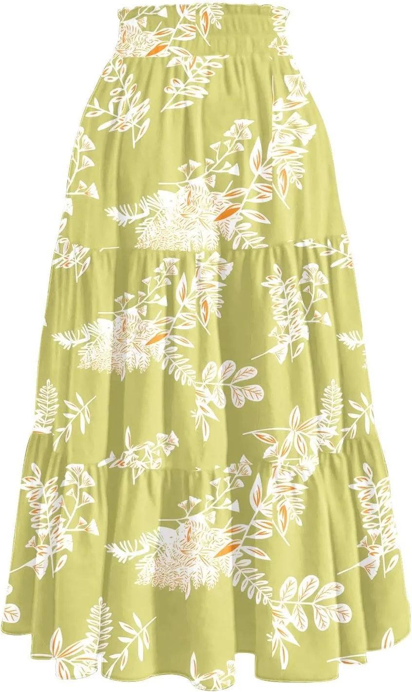 Women High Waisted Boho Floral Flowy Midi Skirt 2025 Trendy Summer Fall Casual Pleated A Line Cute Print Long Skirts