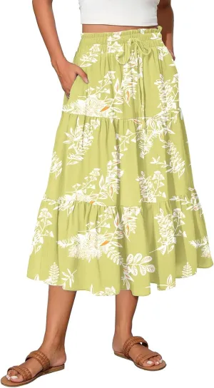 Women High Waisted Boho Floral Flowy Midi Skirt 2025 Trendy Summer Fall Casual Pleated A Line Cute Print Long Skirts