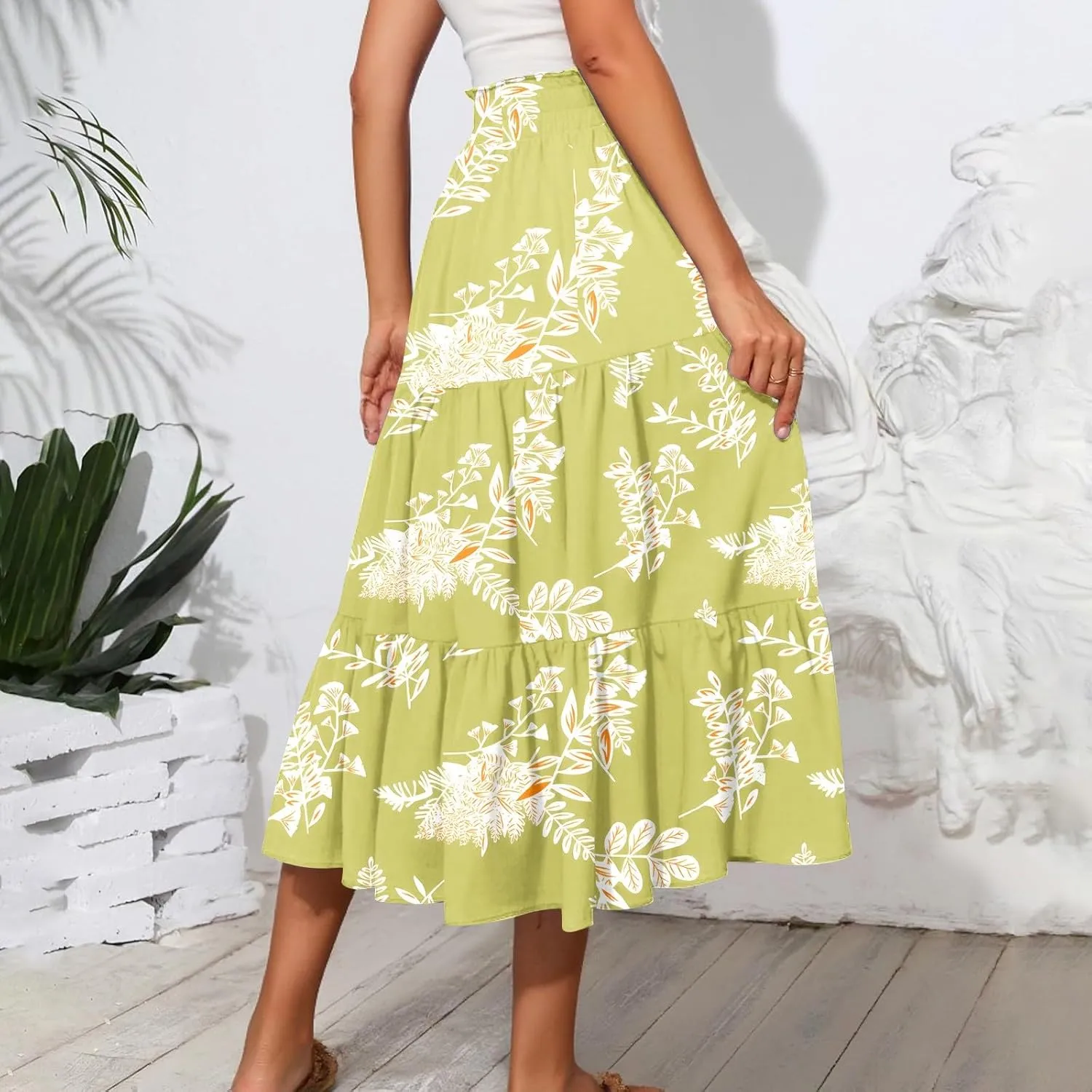 Women High Waisted Boho Floral Flowy Midi Skirt 2025 Trendy Summer Fall Casual Pleated A Line Cute Print Long Skirts