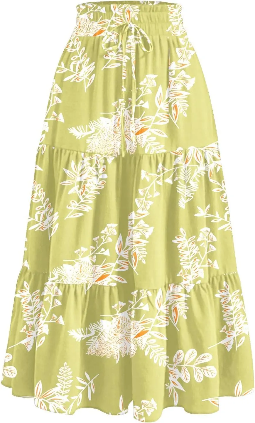 Women High Waisted Boho Floral Flowy Midi Skirt 2025 Trendy Summer Fall Casual Pleated A Line Cute Print Long Skirts